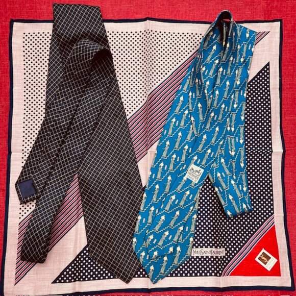 Set Necktie Silk : Hermes Paris & Les Mues Paris Blue + YSL Handkerchief 16"(48 - Picture 9 of 15